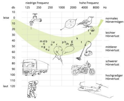 Schaubild Diagramm Frequenz zu Hörvermögen. Diagramm wird im nächsten Abschnitt erläutert. Schaubild Diagramm Frequenz zu Hörvermögen. Diagramm wird im nächsten Abschnitt erläutert.